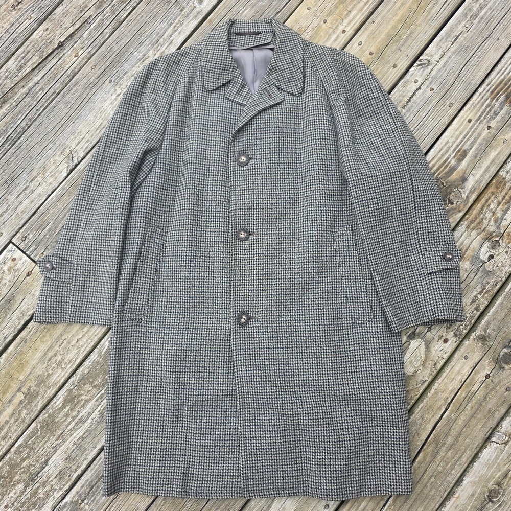 Vtg 60's Lanark Saxony Wool Houndstooth Overcoat Imported Wool Union Made READ